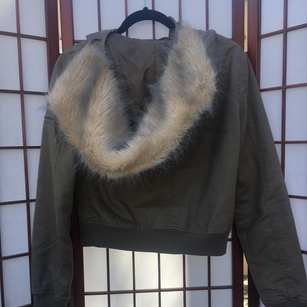 Fur hooded army green jacket
